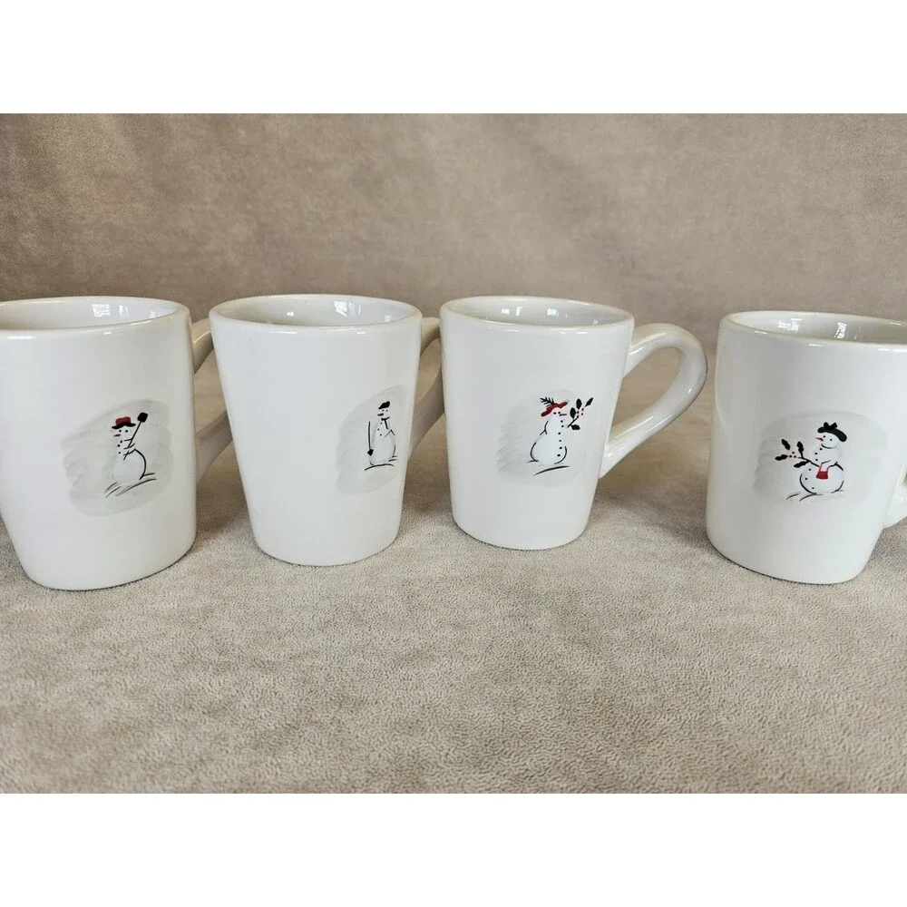 William Sonoma Set Of Four Assorted Decorative Snowman Mugs Winter Christmas